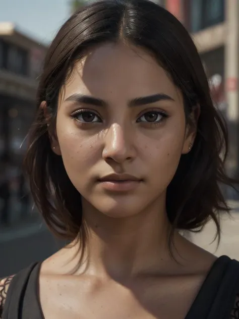 Hyperrealistic art of girl 21 yo, (establishing shot:1.5), Mexico,skin color Light brown, latina (face:Long Face, Round Eyes, [eye color hazel], straight nose, soft lip contours, high cheekbones, weak receding chin) brown blonde, by Satoshi Kon and Mike Mignola,  (black , alluring , masterful:1.4), poster art, bold lines, hyper detailed, expressive,  award winning,  (landscape:1.4), (intricate details, masterpiece, best quality:1.4),
key lighting , looking at viewer, dynamic pose, wide angle view,, (ultra detailed eyes and face)<lora:eyetuneT:1>, dramatic, (masterpiece, best quality, high quality), hyperdetailed, highres, intricate detail, HDR, 8k, sharp focus, detailed background, extremely detailed face eyes lips nose, perfect hands, realistic eyes, detailed skin texture, subsurface scattering, realistic, temple, dark, photorealistic,, Extremely high-resolution details, photographic, realism pushed to extreme, fine texture, incredibly lifelike