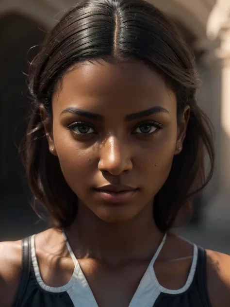 Hyperrealistic art of girl , (establishing shot:1.5), benin, skin color ebony tone of skin (face:Oval Face, Egyptian Eyes, [eye color green], long nose, protruding upper lip, lower cheekbones, crooked chin) light brown hair, ((Silhouette Art of (bold brushstrokes), iridescent colors, stunning background. warm and bright sunlight, a mesmerizing blend of light and shadow. masterpiece, absurdres, intricate details <lora:EpiCPainting:0.8>, high contrast, well defined, Silhouette Art)), (ultra detailed eyes and face)<lora:eyetuneT:1>, dramatic, (masterpiece, best quality, high quality), hyperdetailed, highres, intricate detail, HDR, 8k, sharp focus, detailed background, extremely detailed face eyes lips nose, perfect hands, realistic eyes, detailed skin texture, subsurface scattering, realistic, temple, dark, photorealistic,, Extremely high-resolution details, photographic, realism pushed to extreme, fine texture, incredibly lifelike