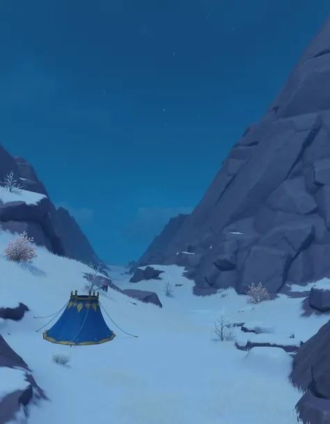 <lora:flux_genshinlandscape_dragonspine_000002800:1>genshinlandscape, An image of Dragonspine showing a rugged, snow covered landscape. the sky is a deep blue with twinkling stars. there is a blue fatui outpost tent on the left