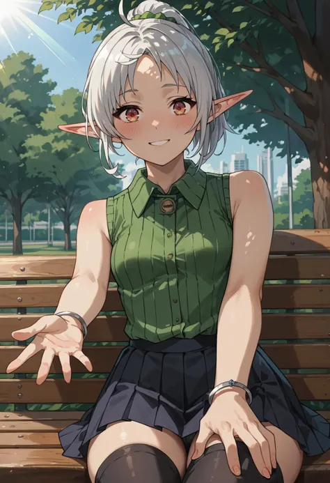 score_9, score_8_up, score_7_up, score_6_up, source_anime, park, light rays, from below, sitting on bench, looking at viewer, reaching towards viewer, (full face blush), seductive smile, green shirt, skin tight, sleeveless, collared shirt, perky breasts, small breasts, (black skirt), pleated skirt, short skirt, black thighhighs, <lora:MylphietteMT:1> sylphy, white hair, medium hair, (short ponytail : 1.4), high ponytail, (green hair scrunchie), ahoge, parted bangs, red eyes, pointy ears, elf, black thong, (silver bracelet: 1.3)