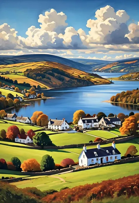 In Wales, large hills rise into a deep blue sky, while fluffy clouds float above them. A small village sits at the foot of the hills, its wonderful houses have beautiful porches. A warm lake reflects the hills and sky, creating a scene of serenity and beauty. [fall landscape, forested hills digital art, realistic style, photography, oil painting, <lora:vivid_everclear:0.6> <lora:Sinozick:0.65>