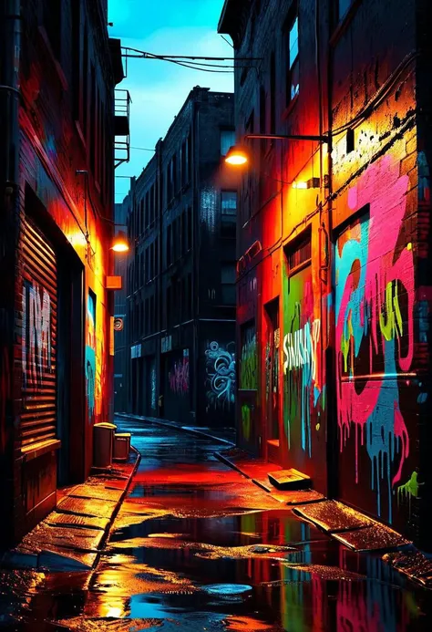 Street art scene. Medium shot. A sprawling, neon-lit mural on a dark alley wall. Medium shot. Inspired by CGSociety art, gritty urban surrealism. Neon signs illuminate vibrant paint drips on the walls. Fragmented brushstrokes dance across textured surfaces. High contrast, vivid colors, cinematic lighting, dramatic shadows. best quality, 4k resolution, bold acrylics, oil paint textures, urban grit, stencil art, stencil outlines, visually striking, immersive atmosphere, depth of field blur.