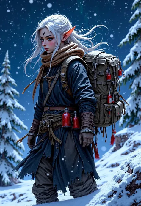 retro anime style, mythp0rt, precise, detailed, night, starry sky, snowstorm, aurora, masterpiece, (vertical scar on face across the eye), elf girl in baggy rags outfit, character struggling against strong wind, huge fantasy backpack, winter gloves, frying pan attached to backpack, (lots of red potions on the waist), black and dirty white outfit, long elf ears, very long scarf waving on a strong wind her long hair waving with a gust of wind, (hands on backpack straps). The backdrop is a view from a top of the snowy mountain into a snow valley, relieved after long journey. the tone of the picture is bright and melancholic, snow flakes flying with a wind, snowy trees are getting bent by a strong wind, whole scene is affected by a strong wind,