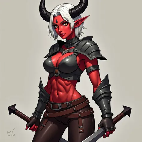 anime style, 1female, 30-years old female tiefling fighter in full leather armor, pauldrons, leather pants, red skin, muscular arms, short black horns, white hair, fighting stance, ready
