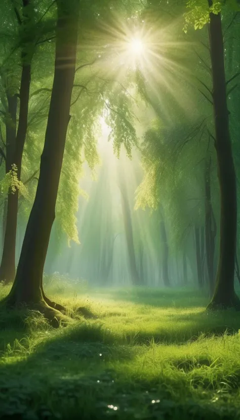 A lush green forest in spring, with sunlight filtering through fresh leaves, dew drops sparkling on the grass, ultra_detailed, 8k, cinematic lighting, soft morning mist, peaceful atmosphere