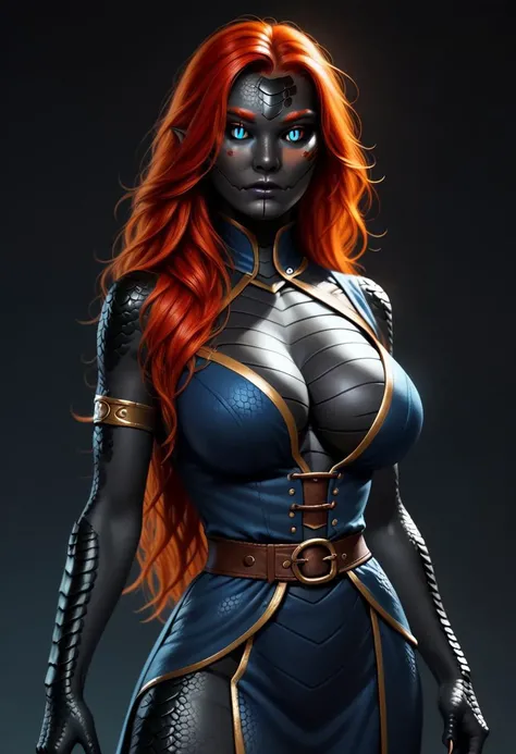 score_9_up, score_8_up, Yuan-ti, black sclera, slit pupils, (scales:2), pointed ears, (black skin:2), (black scales:2), (redhead:2), (long hair:1.5), (blue eyes:1.5), (large breasts:1.5), claws, dark leather tunic, breeches, (high quality, detailed, beautiful), detailed beautiful eyes, fantasy, outstanding, waist up shot