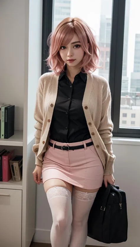 (RAW photo, best quality), (realistic, photo-realistic:1.3), masterpiece, an extremely delicate and beautiful, extremely detailed, CG, unity , 2k wallpaper, Amazing, finely detail, light smile, extremely detailed CG unity 8k wallpaper, huge filesize, ultra-detailed, highres, absurdres, soft light, (((medium hair:1.3), short bang, pink hair, floating hair novafrogstyle)), beautiful detailed girl, detailed fingers, extremely detailed eyes and face, beautiful detailed nose, beautiful detailed eyes, long eyelashes, light on face, looking at viewer, (closed mouth:1.2), 1girl, cute, young, mature face, (full body:1.3), ((small breasts)), realistic face, realistic body, beautiful detailed thigh, (ulzzang-6500-v1.1:0.8), <lora:koreanDollLikeness_v15:0.4>, business suit, cross-laced clothes, collared shirt, open clothes, in office, detailed office, open cardigan, black thighhighs, miniskirt, black underwear, unbuttoned shirt,