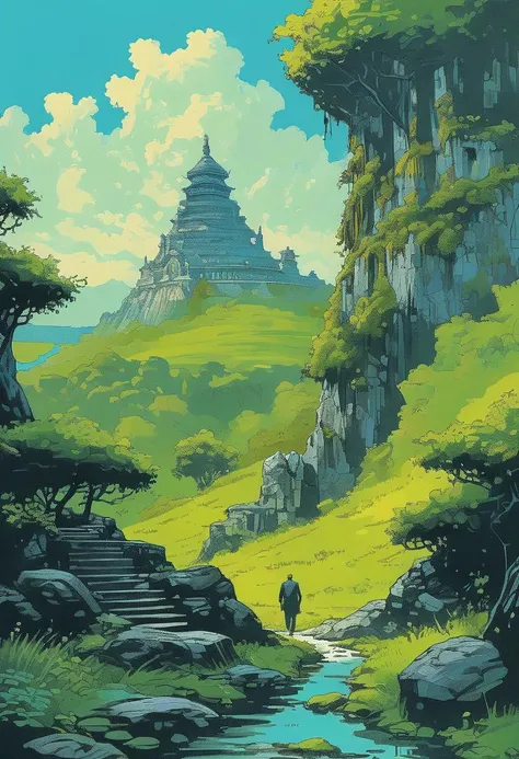 <lora:kallmekris:0.5> kallmekris mixed with <lora:esme_sdxl:0.5>1 man, walking through a lush valley, a sacred temple, archeology, treasure hunt, ancient ruins, stone, , rocks, a cascading waterfall in the background. towering ancient trees, creepers, glowing plants, blue glowing lights, neon, neon light, and a distant light guiding the way, blue sky, green environment cinematic, epic, digital painting, colorful, green, blue, dark colors, details, adventure, oil painting, palette knife soft brushstrokes, heavy strokes, dripping paint, art station on trend, sharp focus, intricate details, highly detailed ,art by enki bilal, art by philippe druillet, art by moebius, inspired by french comics art ,art by Jakub Rozalski,