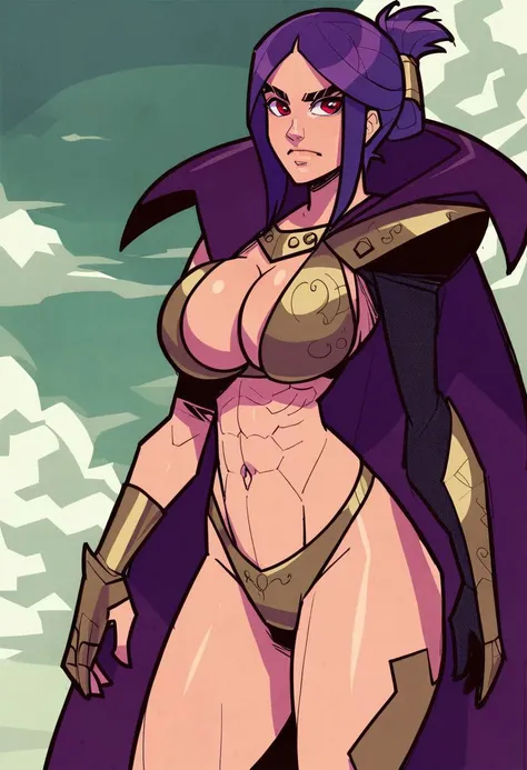score_9, score_8_up, score_7_up, beautyfull color,
aesthetic, 2d,
close-up shot, view from aside,
solo,
1girl,
sabia, human, purple hair, red eyes, folded ponytail,
bikini armor, single shoulder armor, cape, hood, single bare shoulder,
large breasts, thick thighs, abs ribs,
looking at viewer, closed mouth,
dramatic lighting, ornate,