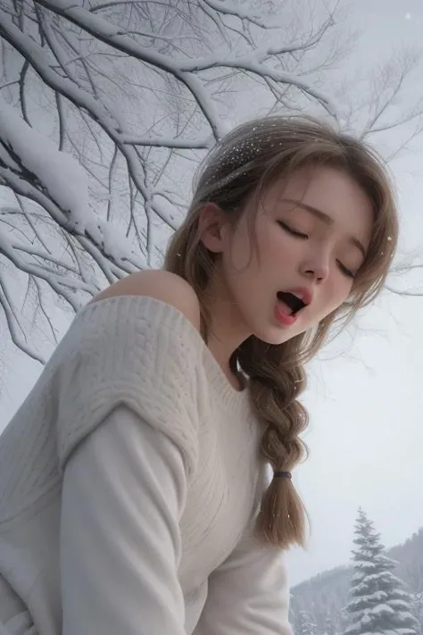 <lora:riding-sex:0.5> (masterpiece:1.2), (best quality), (ultra detailed), (8k, 4k, intricate),(highly detailed:1.3),(detailed face:1.2), (detailed background), detailed landscape, 1girl, solo, long hair, smile, blue eyes, blonde hair, dress, braid, single braid, makeup, hair over shoulder, eyeshadow, snowflakes, (mid-body:1.4), cryogenic , contemporary, nude, closed eyes, open mouth, moaning, sex, ridingsexscene, solo, nipples, breasts, realistic, closed eyes, nude, open mouth, medium breasts, arms up, from below, open mouth, orgasm expression, snow palace, crystals, glowing crystals, frozen lake, white trees, crystals around, (glowing snowflakes:1.3)