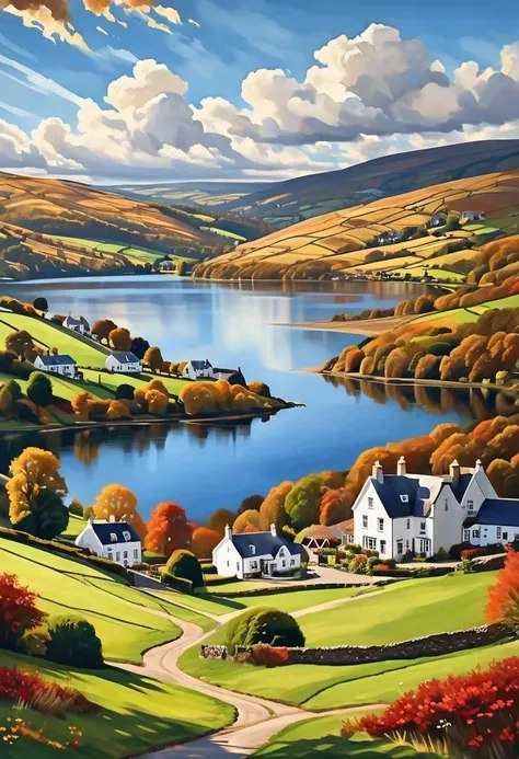 In Wales, large hills rise into a deep blue sky, while fluffy clouds float above them. A small village sits at the foot of the hills, its wonderful houses have beautiful porches. A warm lake reflects the hills and sky, creating a scene of serenity and beauty. [fall landscape, forested hills digital art, realistic style, photography, oil painting, <lora:vivid_everclear:0.6> <lora:Sinozick:0.65>