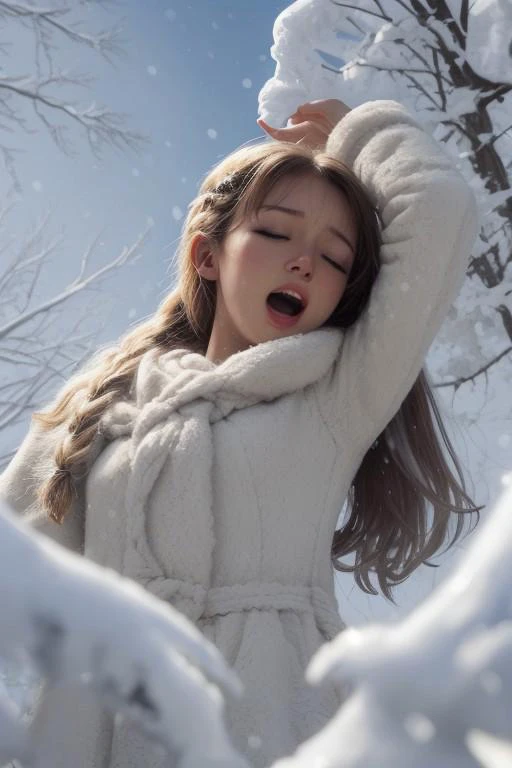 <lora:riding-sex:0.5> (masterpiece:1.2), (best quality), (ultra detailed), (8k, 4k, intricate),(highly detailed:1.3),(detailed face:1.2), (detailed background), detailed landscape, 1girl, solo, long hair, smile, blue eyes, blonde hair, dress, braid, single braid, makeup, hair over shoulder, eyeshadow, snowflakes, (mid-body:1.4), cryogenic , contemporary, nude, closed eyes, open mouth, moaning, sex, ridingsexscene, solo, nipples, breasts, realistic, closed eyes, nude, open mouth, medium breasts, arms up, from below, open mouth, orgasm expression, snow palace, crystals, glowing crystals, frozen lake, white trees, crystals around, (glowing snowflakes:1.3)