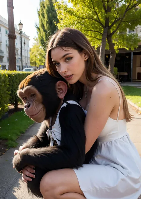 Best Quality, High resolution, 8k Very aesthetic, 1 Girl Wearing a dress, hugging a big monkey, Animal Gorila, monkey, Face Details:1.7, Digital Art, HD, Extremely Detailed, Best Quality, Funny, <lora:CRY:0.7>