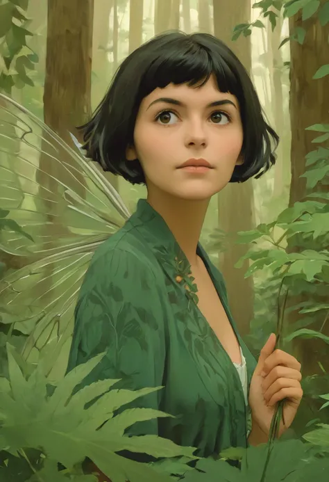 Minimalist illustration, mid closeup, Amelie Poulain as a high fantasy fairy, magical woods, highly detailed, masterpiece, ameliepoulain, (art by Phil Noto)