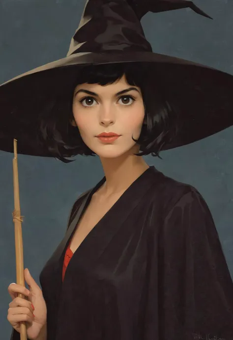 Minimalist illustration, Amelie Poulain as a seductive witch, highly detailed, masterpiece, ameliepoulain, (art by Phil Noto)