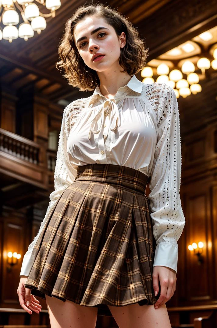 photograph, tv_Solomiya_Maievska_PB_V1, very large breasts, nikon, scene, full body shot, standing in an old library, wearing a plaid skirt, wearing a white shirt, detailed skin, shot from below, flirting with the camera, epiCRealism, epiCPhoto, <lora:epi_noiseoffset2:1>, epiCRealism , f1.4, 40mm, photorealistic, raw, 8k, textured skin, skin pores, intricate details,
