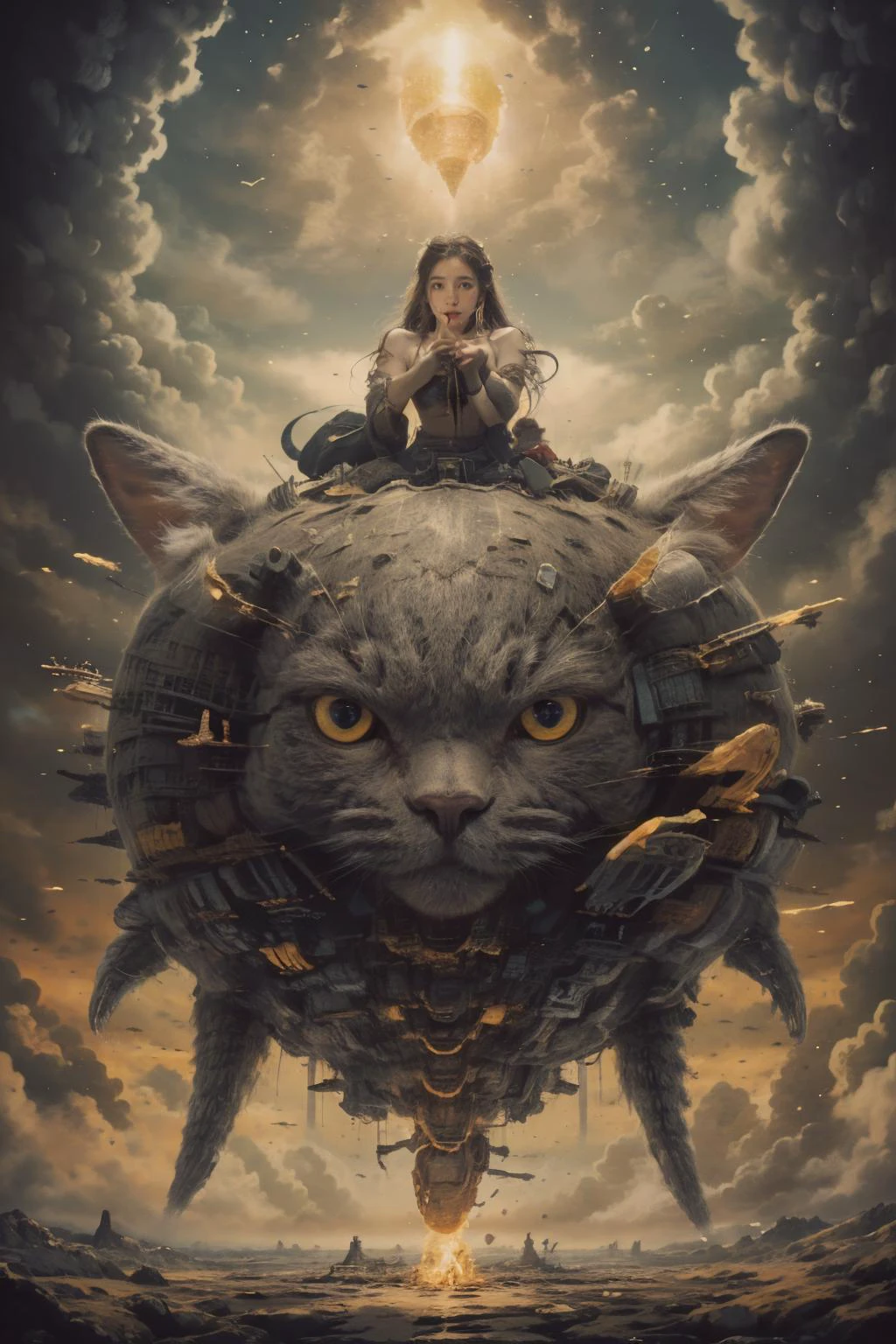 ((masterpiece), (best quality), ultra high res, (raw photo:1.2), (photorealistic:1.4), Exceptional detail, highres, 8k, absurdres, (poster:1.4), close up,
1girl, long hair, black hair, riding on a cat, Chartreux, 1cat, giant cat, cat and spider combined, golden fragments, golden lightning, fantasy world,
<lora:Chartreux_38-000002:0.55> , neowrsk
<lora:Stunning Beauty - 002:0.35> , <lora:neowrsk:0.75>