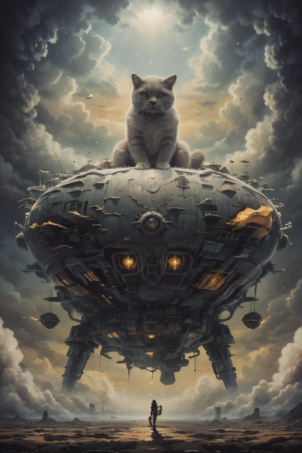 ((masterpiece), (best quality), ultra high res, (raw photo:1.2), (photorealistic:1.4), Exceptional detail, highres, 8k, absurdres, (poster:1.4), close up,
1girl, long hair, black hair, riding on a cat, Chartreux, 1cat, giant cat, cat and spider combined, golden fragments, golden lightning, fantasy world,
<lora:Chartreux_38-000002:0.55> , neowrsk
<lora:Stunning Beauty - 002:0.35> , <lora:neowrsk:0.75>