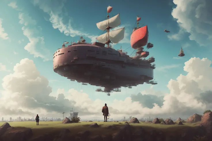 best quality,masterpiec,Megalophobia,giant phobia,giant [neowrsk:Sailboat:0.4],cloud,sky,in sky,solo,a man looks up on the ground,low angle,Symmetrical composition,<lora:neowrsk_20230617030432:0.6>, (sail, mast), sailboat with sails spread