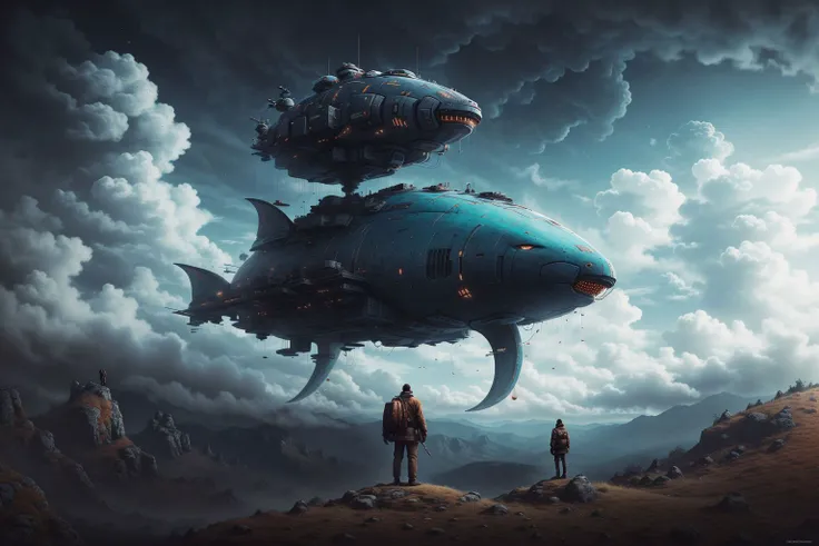 best quality,masterpiec,Megalophobia,giant phobia,giant [neowrsk:whale:0.5],cloud,sky,in sky,A man looks up on the ground,low angle,Symmetrical composition,<lora:neowrsk_20230617030432:0.6>,whale
