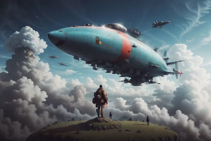 best quality,masterpiec,Megalophobia,neowrsk,giant phobia,giant [shark:aircraft|boat],cloud,sky,in sky,A man looks up on the ground,low angle,Symmetrical composition,<lora:neowrsk_20230617030432:0.6>