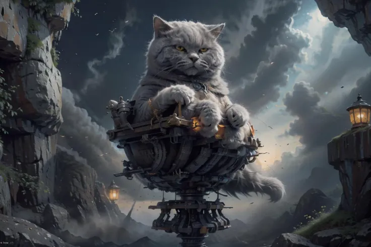 ((masterpiece), (best quality), ultra high res, (raw photo:1.2), (photorealistic:1.4), Exceptional detail, dramatic lighting, highres,   8k, absurdres, neowrsk
human looking at giant cat, 1cat , (Chartreux:1.3),  ((cat riding on cat)), sit, sunny  day, cave, outdoor, (elegant mental chair:1.3), high-class, knight armor, sword, close up,  ((angry face)),
 <lora:Chartreux_38-000002:0.7> ,<lora:c4ttitudeflexver:0.5>, <lora:neowrsk:0.7>