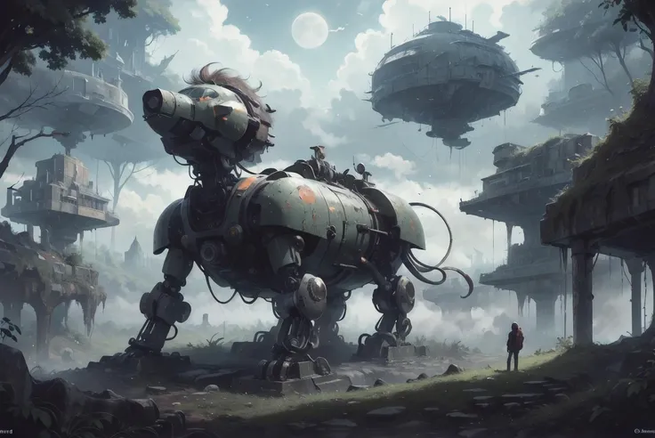 Robotic lion, mechanical muscles, glowing eyes, dense jungle setting, shattered ruins, overgrown vegetation, moonlight piercing through the canopy, hidden sensors, silent roar, antique stone carvings, rusted gears, bio-luminescent plants
<lora:neowrsk_20230617030432:0.6>