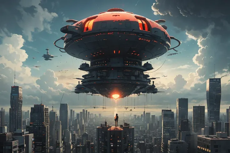 Colossal humanoid, towering over skyscrapers, glowing eyes, cityscape setting, rescue operation, helicopters circling, civilians gazing in awe, shadow stretching across city blocks, sun setting behind, shimmering energy shield,
<lora:neowrsk_20230617030432:0.6>