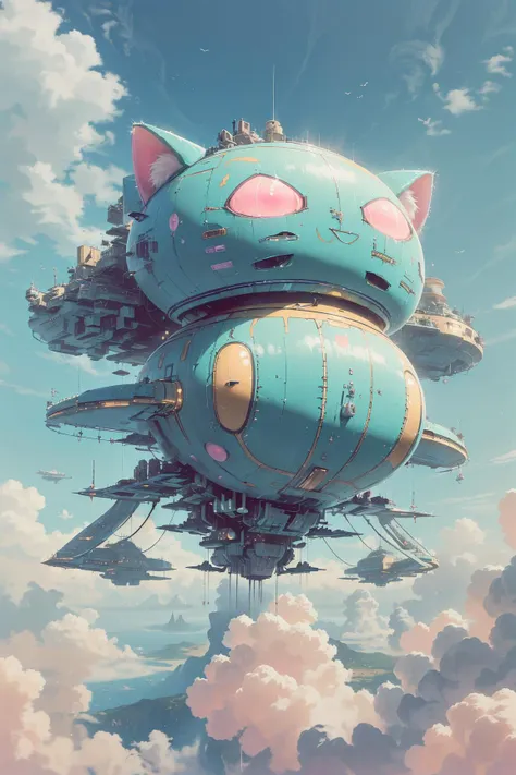 best quality,masterpiece,Megalophobia,giant phobia,(((Giant cat aircraft, cat ears, cat face))),cloud,sky,in sky,low angle,Symmetrical composition, (kawaiitech,pastel color, kawaii, cute colors ,scifi, pink)