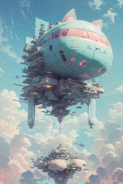 best quality,masterpiece,Megalophobia,giant phobia,(((Giant cat aircraft, cat ears, cat face))),cloud,sky,in sky,low angle,Symmetrical composition, (kawaiitech,pastel color, kawaii, cute colors ,scifi, pink)