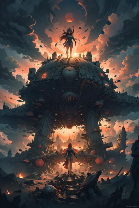 best quality,masterpiece,Megalophobia,giant phobia,cloud,sky,in sky,low angle,Symmetrical composition, chaosmix, chaos, horror, sunset