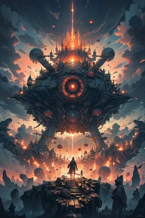 best quality,masterpiece,Megalophobia,giant phobia,cloud,sky,in sky,low angle,Symmetrical composition, chaosmix, chaos, horror,  sunset