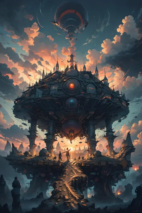 best quality,masterpiece,Megalophobia,giant phobia,cloud,sky,in sky,low angle,Symmetrical composition, chaosmix, chaos, horror, sunset