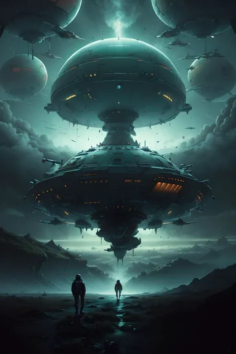 green thrusters, cyberpunk aesthetics, electrical storm, plasma turret fire, interstellar warfare, tension, decaying space station backdrop, (dusk), ominous, devoid of illumination, nebula-filled cosmos,
neowrsk,(huge:1.5),Megalophobia,
from below,
<lora:neowrsk_20230617043345:0.7>