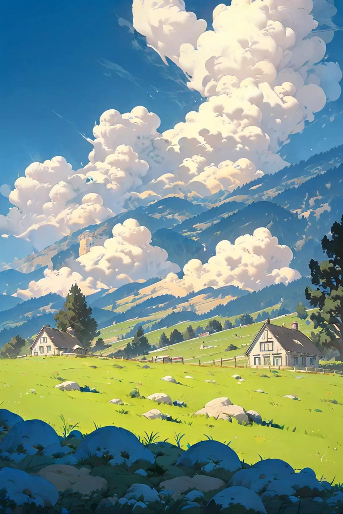 outdoors, sky, day, scenery, no humans, blue sky, building, cloud, house, tree, lamppost,house,sunlight, <lora:summer tree_20230919090103:0.8>