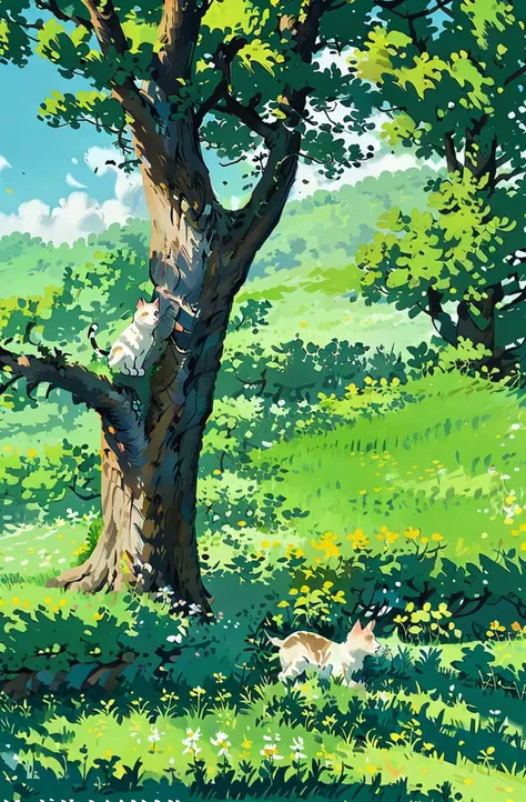 cat, flower, outdoors, no humans, white flower, grass, scenery, field, nature, animal, sunlight, flower field, day, tree, (illustration:1.0), masterpiece, best quality, <lora:summer tree_20230919090103:0.8>