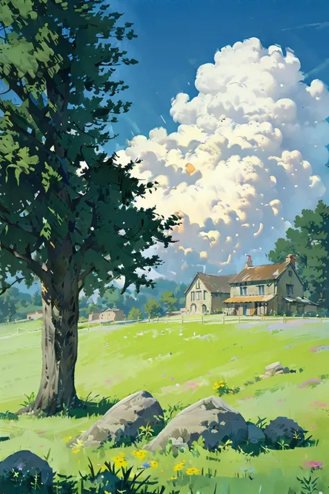 outdoors, sky, day, scenery, no humans, blue sky, building, cloud, house, tree, lamppost,house,sunlight,  <lora:summer tree_20230919090103:0.8>