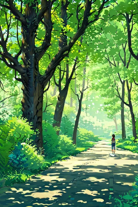 outdoors, tree, sign, road, scenery, road sign, nature, day, bag, forest, street, sunlight, 1girl, dappled sunlight, (illustration:1.0), masterpiece, best quality, <lora:summer tree_20230919090103:0.82>