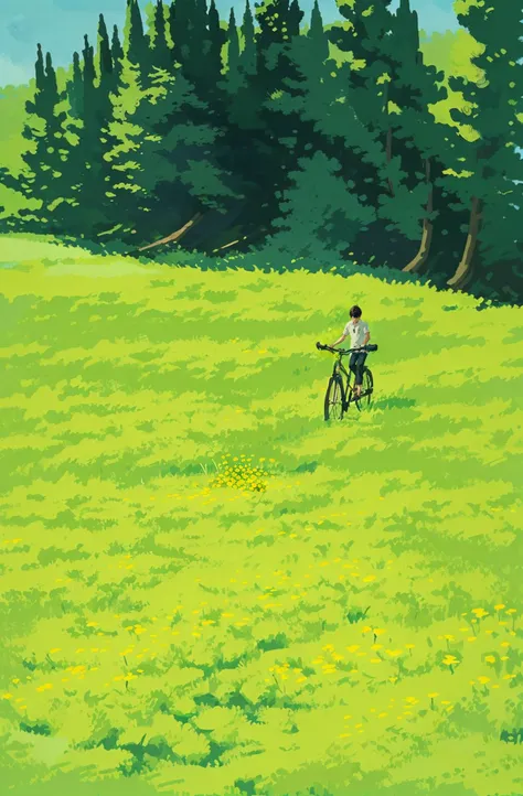 tree, outdoors, grass, scenery, flower, no humans, nature, day, ground vehicle, yellow flower, forest, plant, bicycle (illustration:1.0), masterpiece, best quality, <lora:summer tree_20230919090103:0.8>
