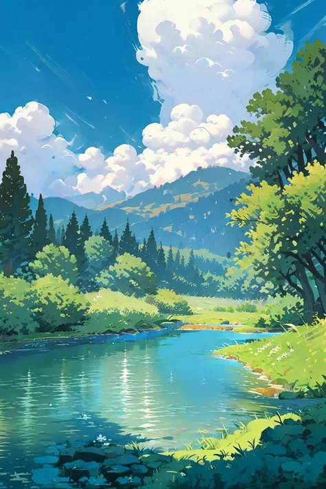 outdoors, no humans, grass, scenery, sky, tree, day, cloud, nature, bush, blue sky, water, river, reflection<lora:summer tree_20230919090103:0.8>
