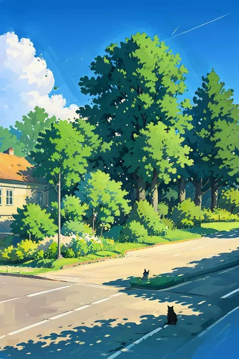 Outdoor, Tree, outdoors, scenery, sign, tree, building, sky, day, road, cat, road sign, blue sky, shadow, house, street, black cat, Sunshine(illustration:1.0), masterpiece, best quality, <lora:summer tree_20230919090103:0.7>