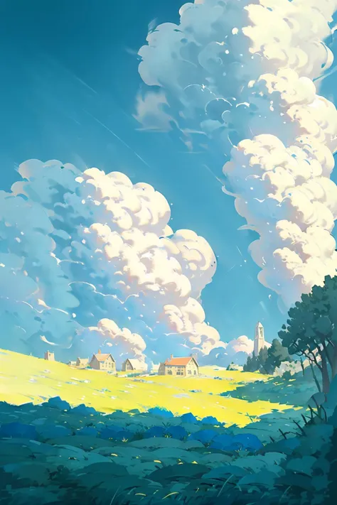 outdoors, sky, day, scenery, no humans, blue sky, building, cloud, house, tree, lamppost,house,sunlight,  <lora:summer tree_20230919090103:0.8>