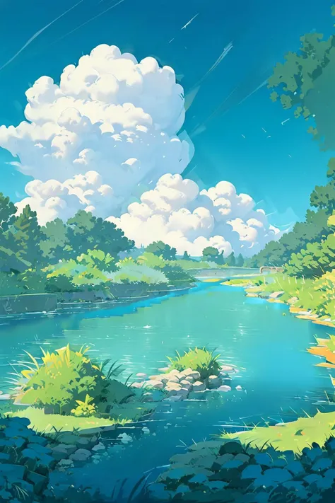 outdoors, no humans, grass, scenery, sky, tree, day, cloud, nature, bush, blue sky, water, river, reflection<lora:summer tree_20230919090103:0.8>