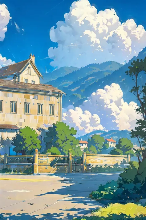 outdoors, sky, day, scenery, no humans, blue sky, building, cloud, house, tree, lamppost,house,sunlight, <lora:summer tree_20230919090103:0.8>