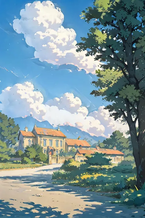 outdoors, sky, day, scenery, no humans, blue sky, building, cloud, house, tree, lamppost,house,sunlight, <lora:summer tree_20230919090103:0.8>