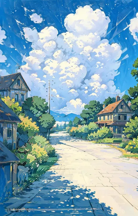 outdoors, no humans, house, cloud, grass, sky, day, power lines, scenery, road, tree, traditional media, utility pole, sign, blue sky, building, cloudy sky, water <lora:summer tree_20230919090103:0.8>