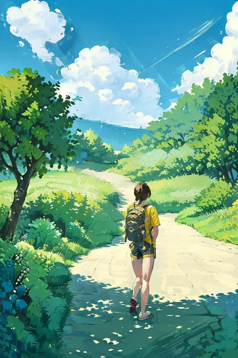 1girl, outdoors, tree, backpack, solo, day, scenery, sky, bag, yellow shirt, cloud, shirt, shorts, blue sky, fruit, grass, arm up, shadow, white shorts, short sleeves, nature, wide shot, road, brown hair, from behind, shoes, white footwear, standing, food, (illustration:1.0), masterpiece, best quality, <lora:summer tree_20230919090103:0.8>