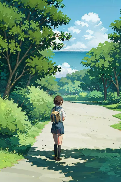 1girl, outdoors, solo, tree, cloud, sky, school uniform, road, scenery, bicycle, serafuku, day, skirt, brown hair, blue sky, socks, ground vehicle, from behind, white shirt, sailor collar, short hair, shirt, grass, shadow, white socks, bag, summer, facing away, utility pole, cloudy sky, shoes, (illustration:1.0), masterpiece, best quality, <lora:summer tree_20230919090103:0.8>