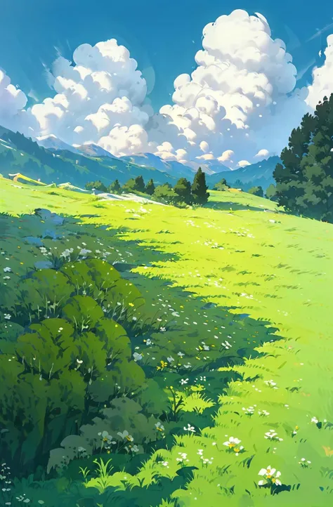 A clean open blue sky with only one or two crisp thick milky white clouds on the horizon and below lush green meadow with grass flowing by the wind - It should have style and tone of gibli animation --auto