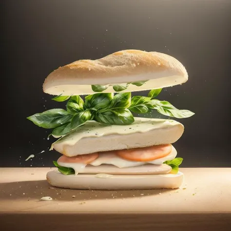 (Beauty shot:1.2) photo of a full aesthetic sandwish framing, RAW photo, 8k uhd, dslr, bounced lighting, high quality, with a (soft focus filter:1.3), under bounced light, on a Fujifilm X-T4,Fresh mozzarella cheese, Fresh basil leaves, in the style of Margaret Stepien <lora:Seductive_Snack_Anatomy:0.9>